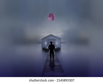 Rustic Picture of a Silhouette under Strawberry Moon for Cover
