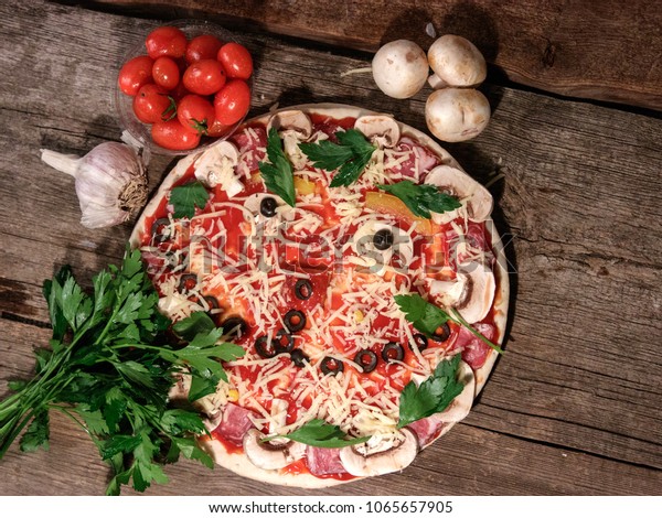 Rustic Pizza Salami Olives Champignons Top Stock Photo Edit Now