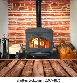 Rustic Planks, Wood Burning Stove In The Background