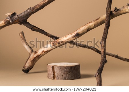 Rustic podium of cylinder shape, and dried branches on beige background. Product, cosmetic, perfume, jewellery mock up.