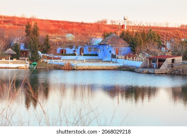 Rustic Resort . Scenery With Village Situated At The Lake Shore. 
Agritourism Ranch . Satul Moldovenesc Picnic Ground In Moldova
