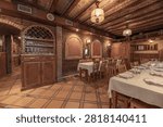 Rustic restaurant interior featuring exposed brick walls with arched wooden panels, a carved wine rack cabinet displaying glassware, wooden beam ceiling with decorative zigzag patterns, terracotta tiled floor, and long dining tables set with white linens under warm pendant lighting