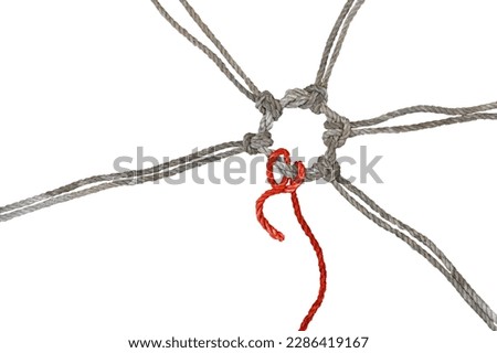 Rustic ropes join together in a knotted ring, one of them in red has a loose end, concept between cohesion, individualism and burnout, isolated on a white background, copy space