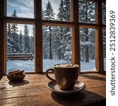 A rustic scene with a cup of hot chocolate placed on a wooden table inside a winter cabin. The window in the background reveals a snowy landscape, while the room feels warm and inviting.