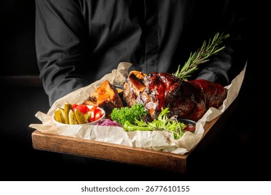 Rustic serving of roasted pork knuckle with pickled vegetables, herbs, and greens on parchment-lined tray. Traditional meat dish, ideal for restaurant, pub, or culinary stock use.