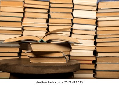 A rustic setup with an open book placed on a small stack of vintage books, surrounded by a wall of books. Suitable for educational, literary, or cozy reading space visuals.