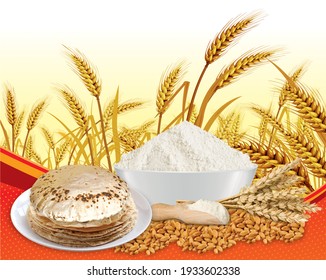 Rustic shot of chapati flatbreads surrounded by ingredients on background of agricultural field
