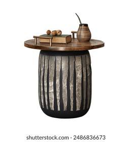A rustic side table adorned with decorative items, perfect for adding a touch of character to your home.