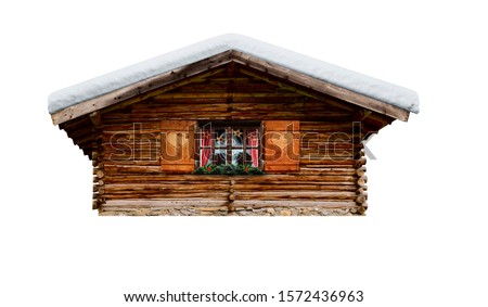 rustic ski hut in the mountains isolated on white background
