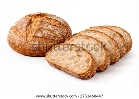 A rustic sourdough bread loaf with several slices arranged in front, isolated on a clean white background. The bread features a golden-brown crust with artisan scoring and a soft, airy crumb texture visible in the sliced pieces. The minimal composition highlights the handcrafted quality and freshness of traditional sourdough baking.