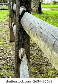 A rustic split-rail fence, crafted from weathered logs, delineates a natural boundary, embodying a charming, traditional aesthetic with its robust wooden posts and rails.