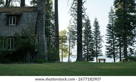 Rustic stone house with tall pine trees near a lake with a wooden bench.