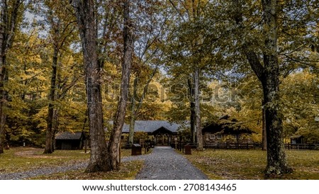 A rustic stone lodge sits beneath vibrant autumn foliage along a wooded path in Virginia Sherando Lake Recreation Area.