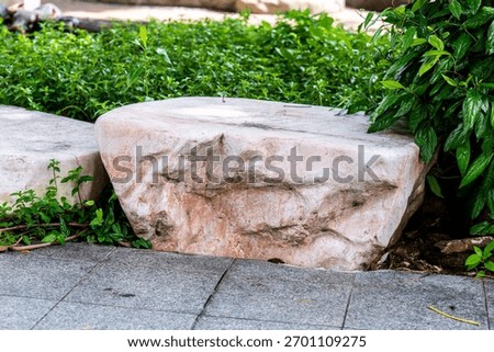 Rustic stone seating or display element with pink marbling and rough edges, surrounded by vibrant green foliage. Clean natural element perfect for garden design, or product placement.