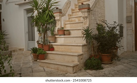 Rustic stone staircase adorned with various potted plants in the charming town of locorotondo, puglia, italy, showcasing mediterranean outdoor decor and architecture. - Powered by Shutterstock