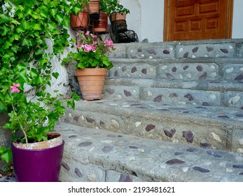 Rustic Stone Stairs Decorated With Bright Green Home Plants In Bielsa, Huesca, Spain.