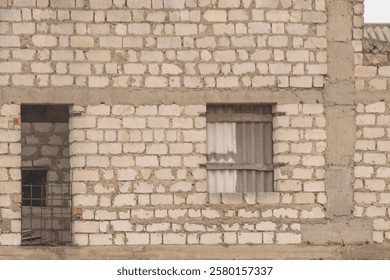A rustic stone wall featuring a window with curtains.