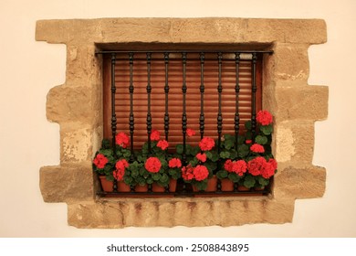 Rustic Stone Window with Iron Bars and Vibrant Red Geraniums - Powered by Shutterstock