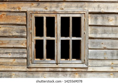 Rustic Style Aged  Window In Wooden Village Rural  Home Wall. Glass Isolated With Black. 