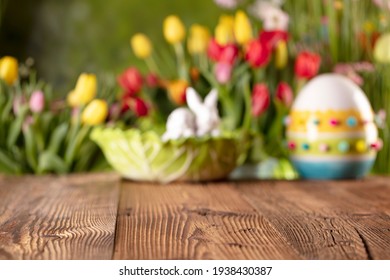 Rustic Table Background Of Free Space. Shallow Depth Of Focus. Easter Theme. 