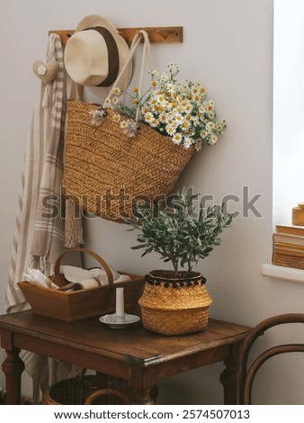Rustic table styling with daisies and olive tree on a dark wooden table against a white wall. Cottage style home room decoration with summer wild flowers 
