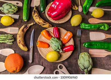 Rustic table with vegetables and fruit food
