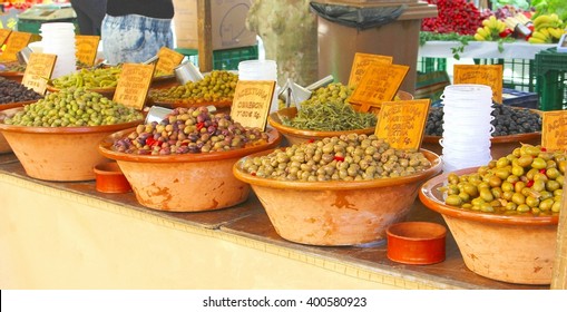 Rustic Terra Cotta Bowls With Olive Food And Spanish Names Of The Olives, Typical Local Products Of Andalusia And Spain