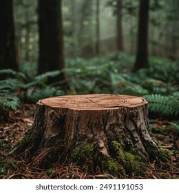 Rustic Tree Stump in Lush Green Forest,  Ideal for nature websites, environmental presentations, product podium, product display, cosmetic, perfume, herbal, outdoor, wooden, jungle - Powered by Shutterstock