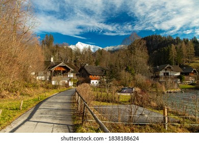 rustic village country side autumn fall season clear weather day time with small houses on forest edge and mountain nature background scenic view - Shutterstock ID 1838188624