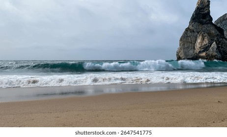 Rustic waves crash onto windswept beach, invoking seas whispering secrets and Etrurian Tide Festivals ancient maritime rituals