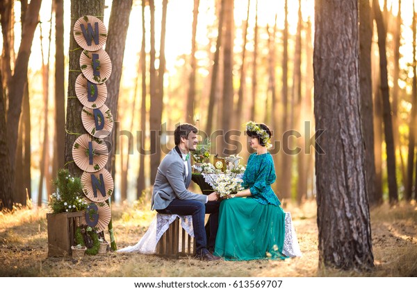 Rustic Wedding Bride Groom Sitting Near Stock Photo Edit Now