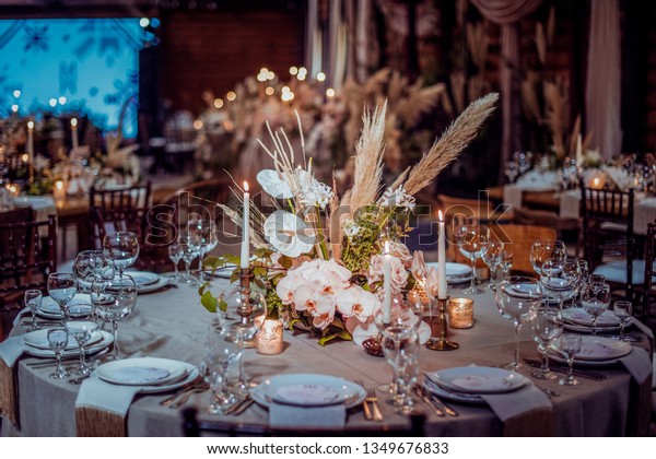 Rustic Wedding Decorations Flowers Candles Banquet Stock Photo