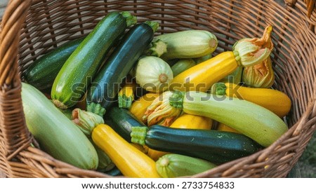 A rustic wicker basket overflowing with a fresh harvest of various colorful zucchinis and summer squash, including dark green, light green, and vibrant yellow varieties, some with blossoms.
