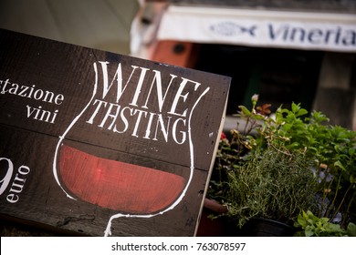 Rustic Wine Tasting Sign In Vernazza, One Of The Cinque Terre Villages In La Spezia, Liguria, Italy - 18th May 2016