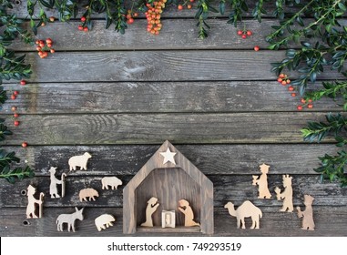 Rustic Wood Background With Christmas Manger Scene