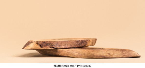 Rustic wood pieces podium. Background for perfume, jewellery, cosmetic products or food. Front view. - Shutterstock ID 1941908089