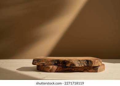 Rustic wood podium on beige background. Minimal mockup background for product presentation. Wood board for food, products or jewelry.	
 - Shutterstock ID 2271718119