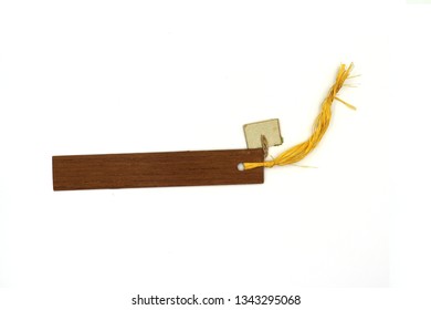 Rustic Wood Tag With Thin Rope, Wooden Book Mark Isolated On White Background 