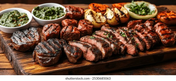 A rustic wooden board showcases an array of grilled steaks, herbs, and vegetables, offering a tempting display of barbecue mastery and culinary delight.