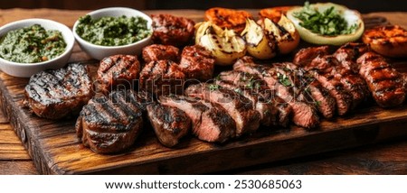 A rustic wooden board showcases an array of grilled steaks, herbs, and vegetables, offering a tempting display of barbecue mastery and culinary delight.