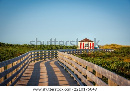 Rustic wooden boardwalk crossing over protected sand dunes at Greenwich Beach in Prince Edward Island National Park on PEI in Atlantic Canada.
