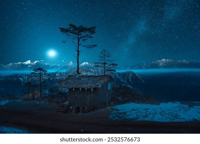 Rustic wooden cabin beneath starry sky, nestled in a serene mountain landscape, with snow-dusted ground and distant shimmering peaks. - Powered by Shutterstock