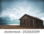 Rustic wooden cabin sits under a dramatic cloudy sky, surrounded by open countryside, with weathered textures and natural tones