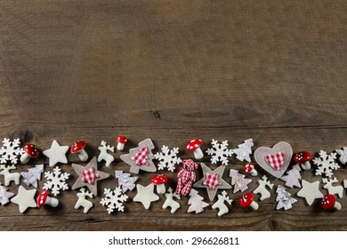 Rustic Wooden Christmas Background With Red And White Checked Country Style Decoration.