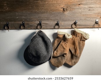 A rustic wooden coat rack with metal hooks holding a grey cap and a pair of brown mittens with white fur lining. - Powered by Shutterstock