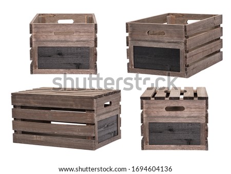Rustic Wooden Crates Wooden Boxes Wood With Without Lids Black Board Sign Label End. Individual Pen Tool Created Clipping Work Paths for Easy Compositing Included in JPEG Isolated on White Background