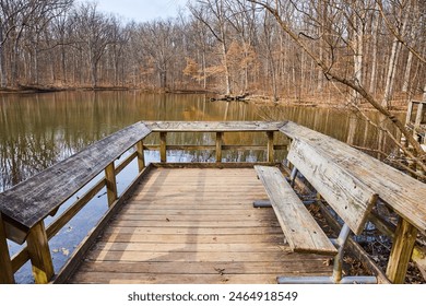 Rustic Wooden Dock on Serene Autumn Lake, Indiana - Powered by Shutterstock