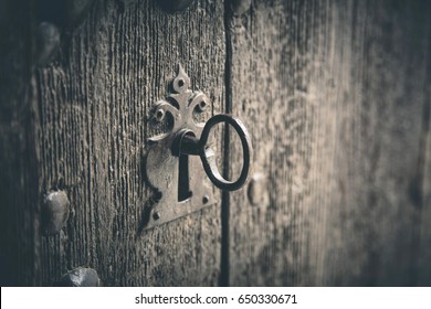 Rustic Wooden Door With Old Key