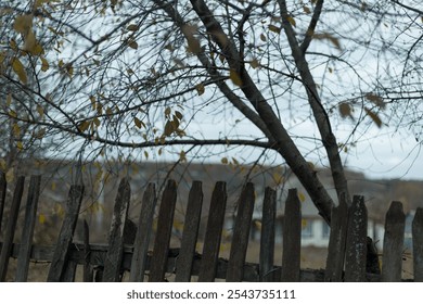 A rustic wooden fence typical of rural villages, weathered by time and seasons - Powered by Shutterstock