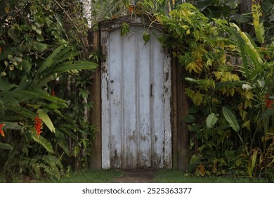 Rustic Wooden Gate Framed by Lush Greenery in a Tropical Garden - Powered by Shutterstock